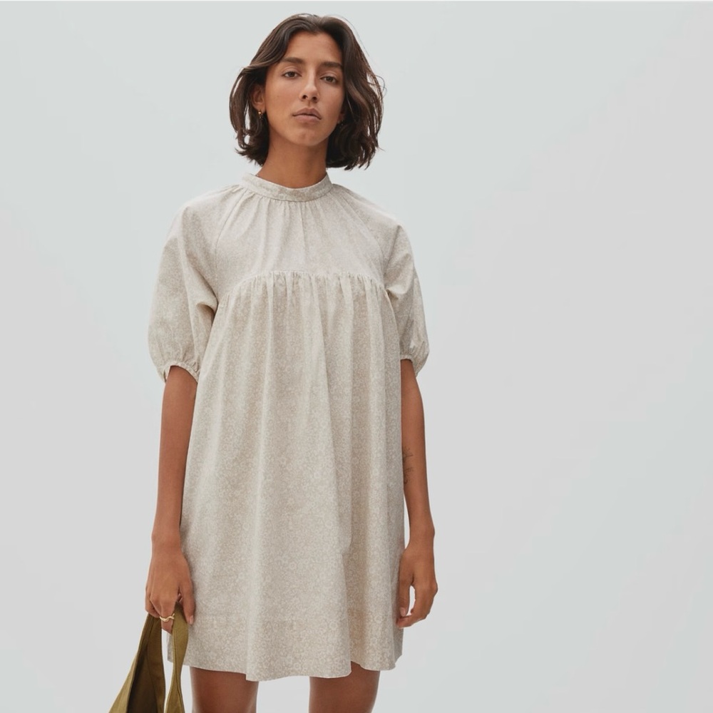 Everlane Shirred Mini Dress Sandstone Small